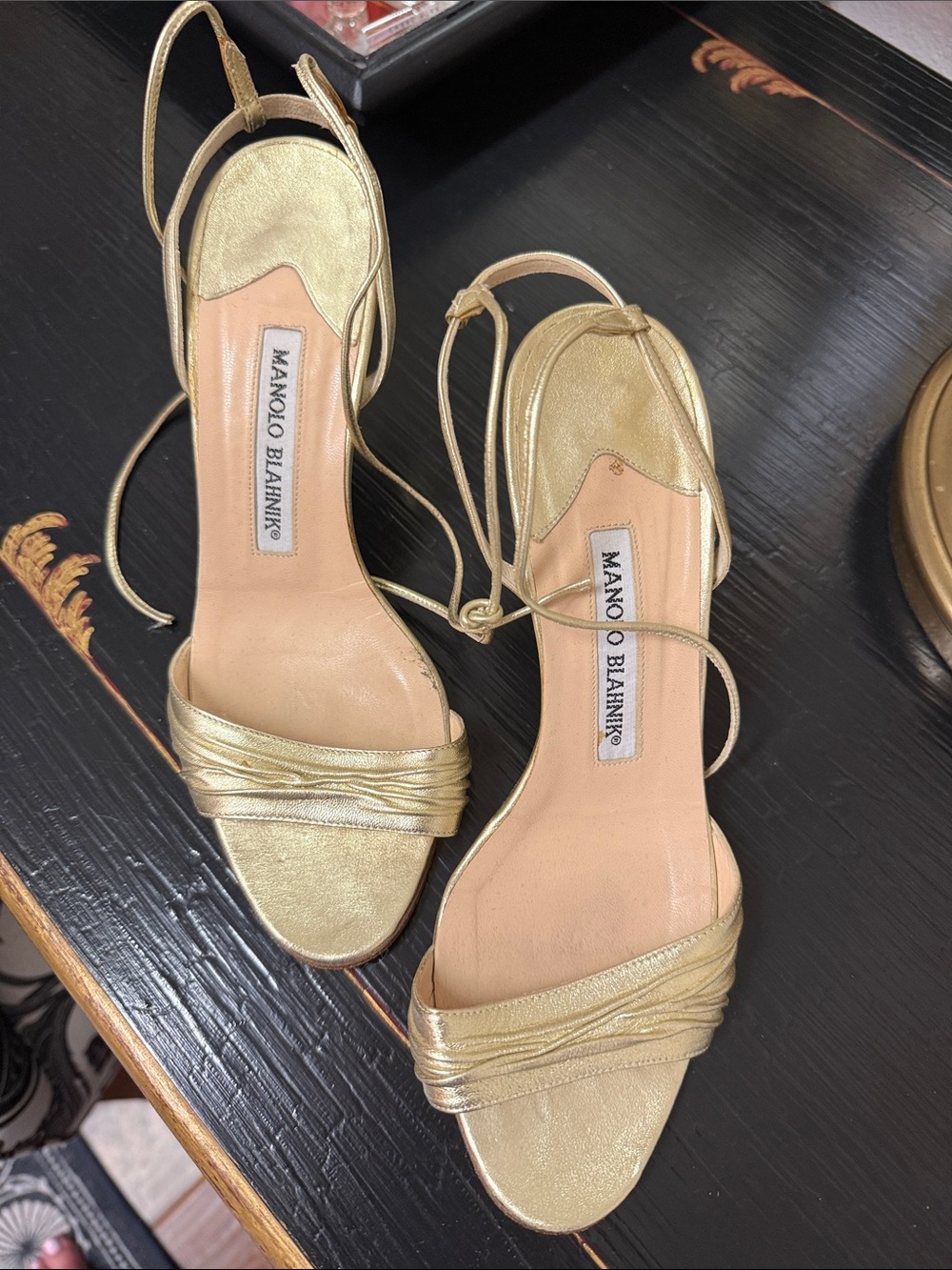 Manolo Blahnik Metallic Gold Ankle-Tie Sandals